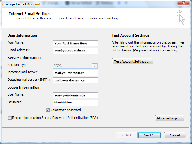 Outlook 2007 email settings form